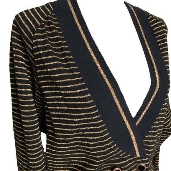 Judy Knapp Crop Cardigan Sweater Black and Metallic Gold Knit Stripe Vintage - Picture 6 of 15